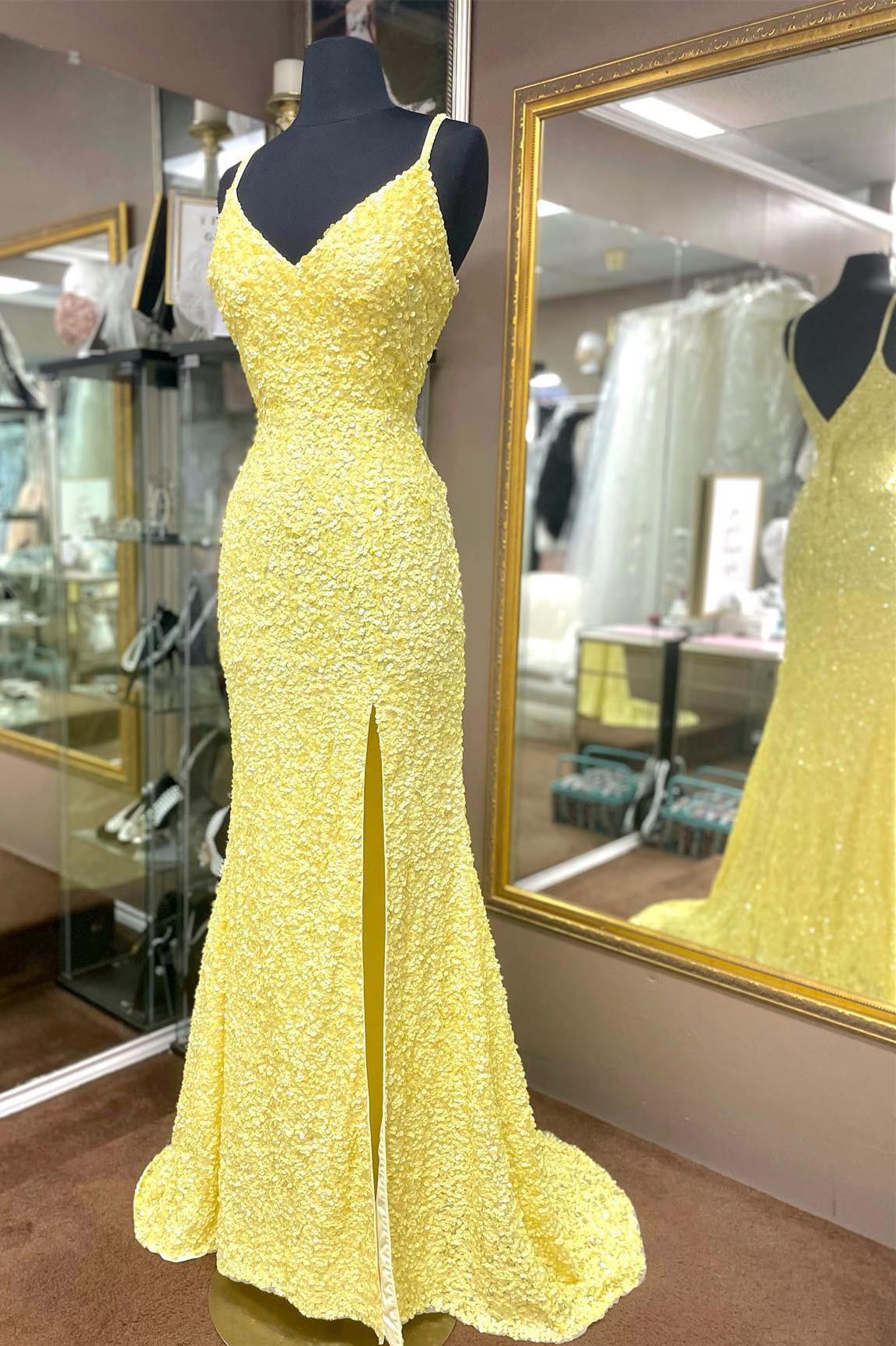 Mermaid Yellow Sequins Long Prom Dress with Slit Mermaid Yellow Sequins Long Prom Dress with Slit
