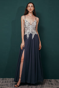Navy A-line Chiffon Long Prom Dress with White Appliques