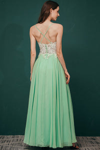 Mint Green Chiffon Spaghetti Straps A-line Long Prom Dress