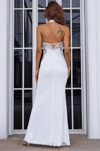 White Mermaid Halter Long Formal Dress with Slit