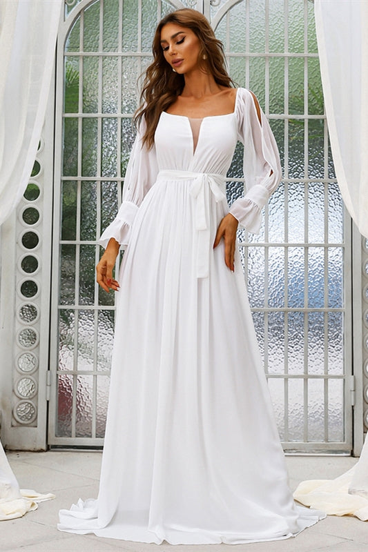 white chiffon long dress Simple White Chiffon Long Sleeves Boho Wedding Dress