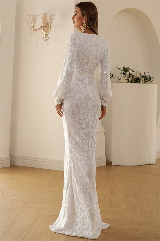 Sexy Long Sleeves White Wrap Formal Dress – Dreamdressy