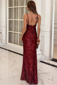 Sexy Wine Red Sequins Long Party Dress