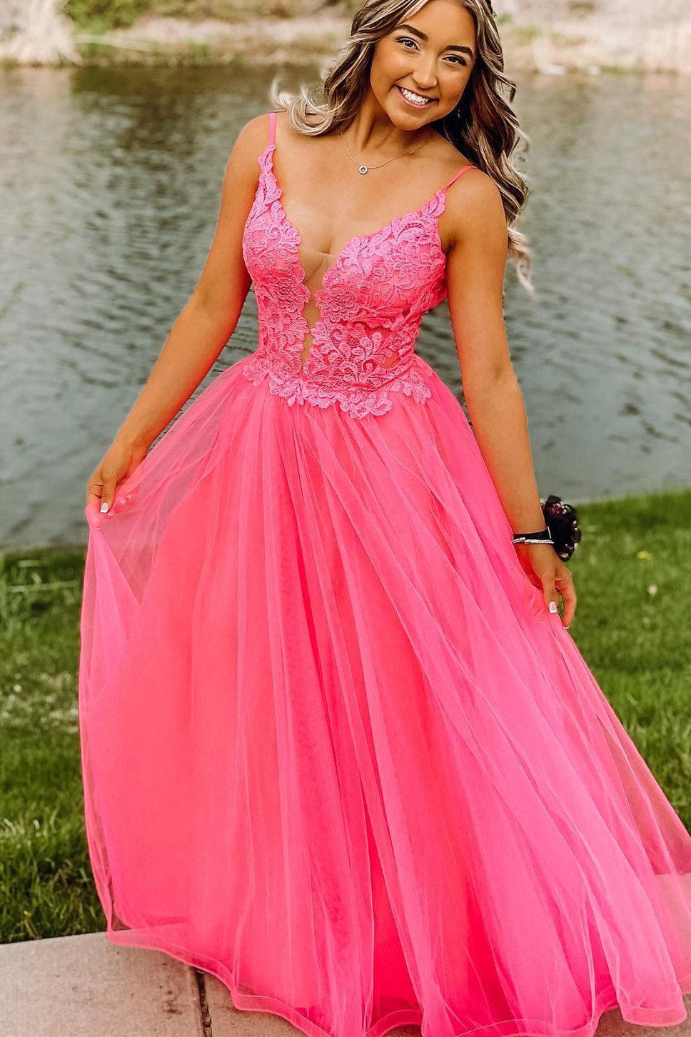 Hot Pink Princess A-line Lace and Tulle Prom Dress Hot Pink Princess A-line Lace and Tulle Prom Dress