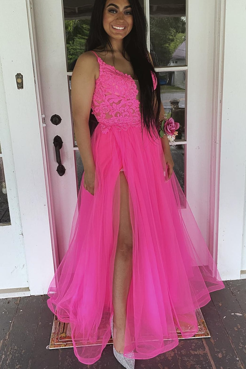 open lace back dress Hot Pink Princess A-line Lace and Tulle Prom Dress – Dreamdressy