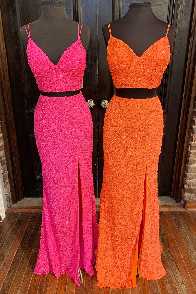 Two Piece Hot Pink Sequins Mermaid Long Prom Dress  Dreamdressy
