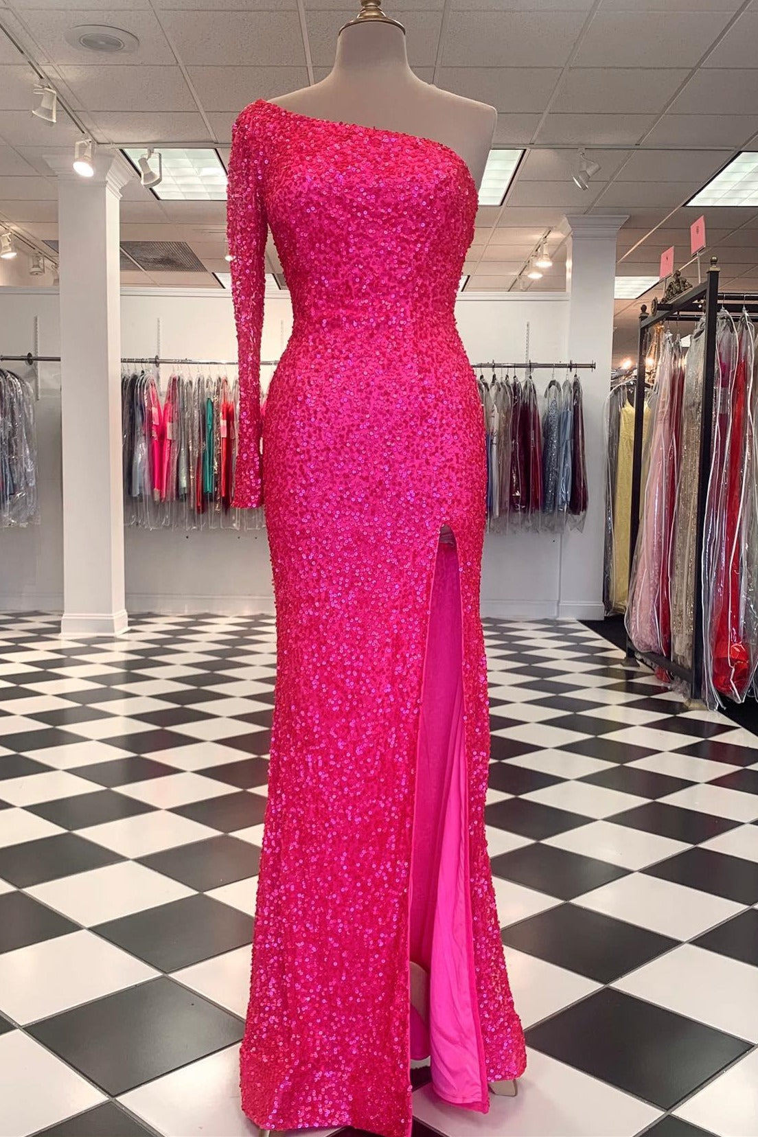 One Shoulder Long Sleeve Mermaid Sequin Long Dress