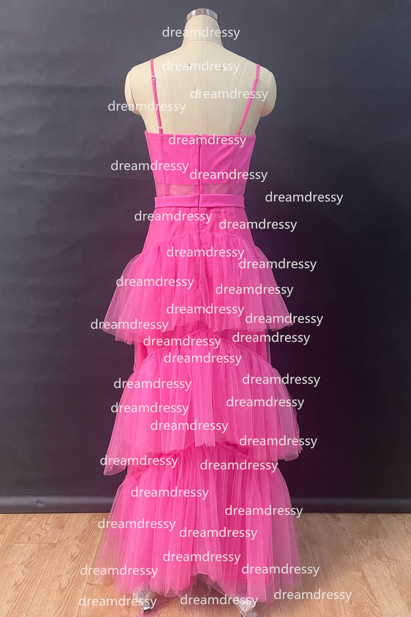 hot pink tiered tulle dress Hot Pink Tulle A-line Princess Strapless Tiered Long Prom Dresses, MP974