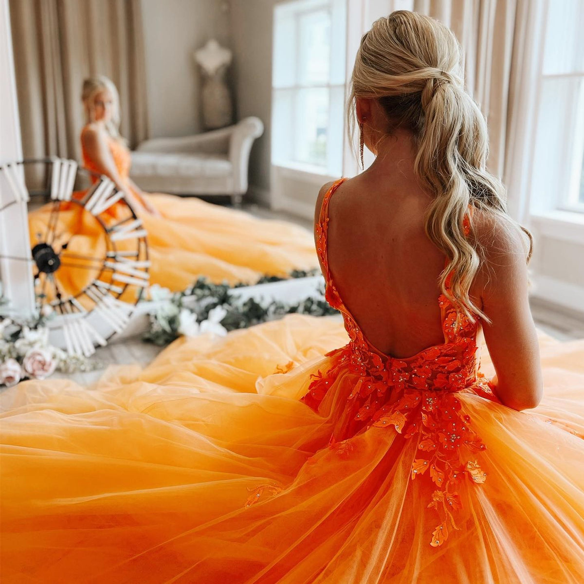 Princess Orange A-line Floral Appliues Long Formal Dress – Dreamdressy