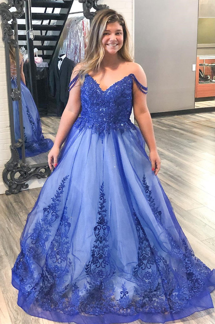 Royal Blue Off the Shoulder Appliques Tulle Formal Dress