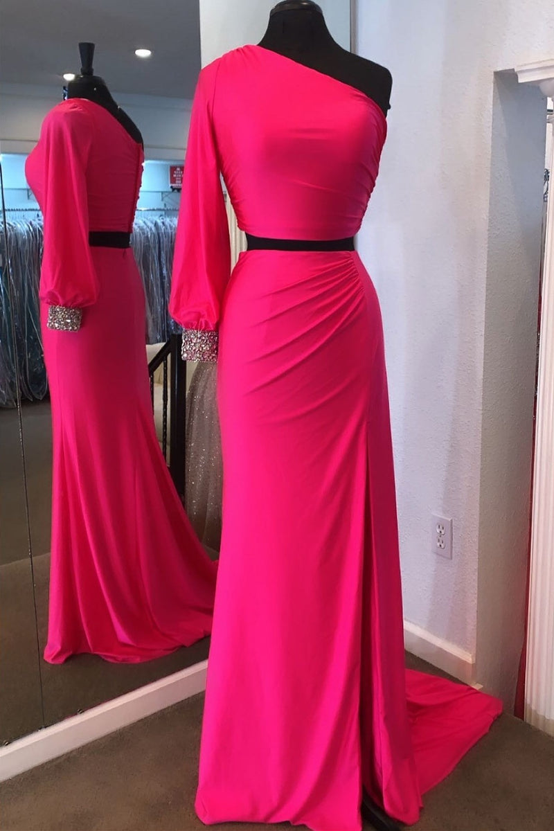 neon pink long sleeve dress Two Piece Neon Pink One Sleeve Formal Dress – Dreamdressy
