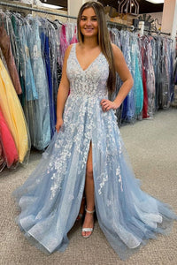 A-line Appliques Tulle Long Formal Dress