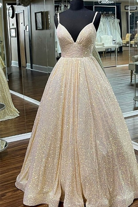 Champagne Sequin Empire A-line Long Prom Dress Champagne Sequin Empire A-line Long Prom Dress