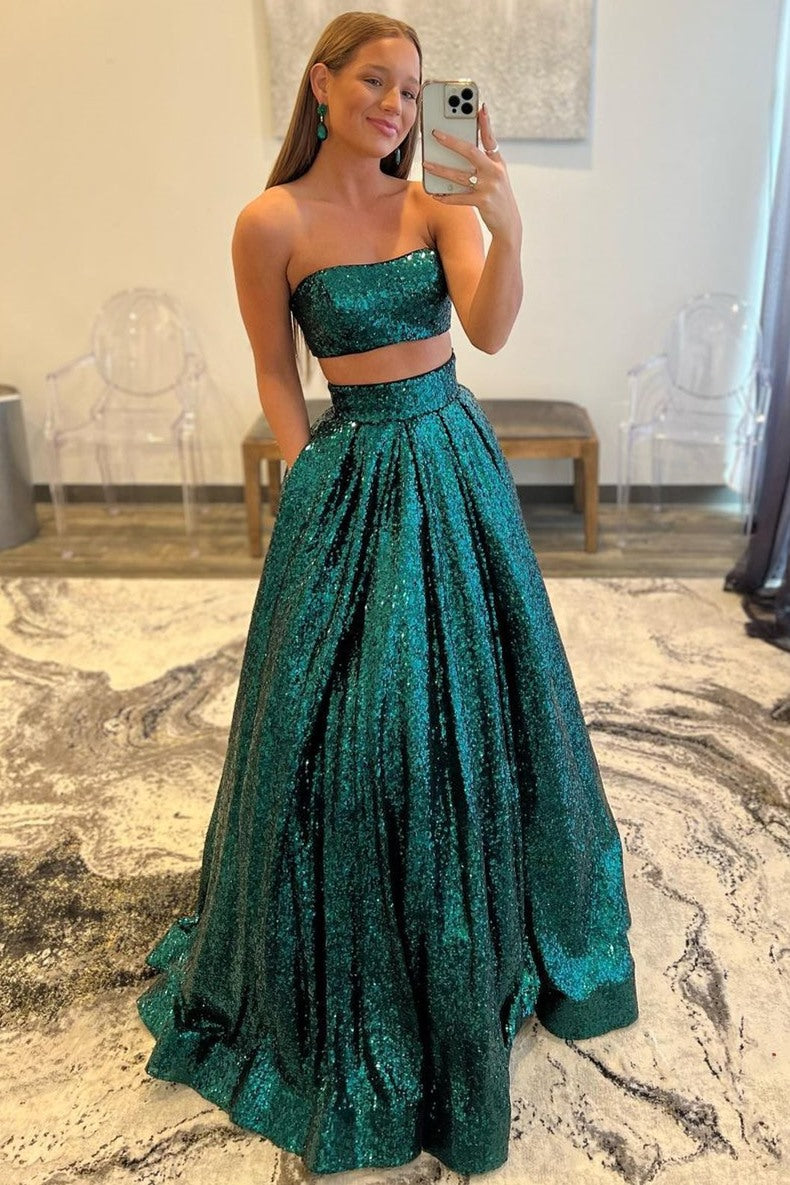 two piece long dress Sexy Two Piece Green Sequins A-line Long Formal Gown