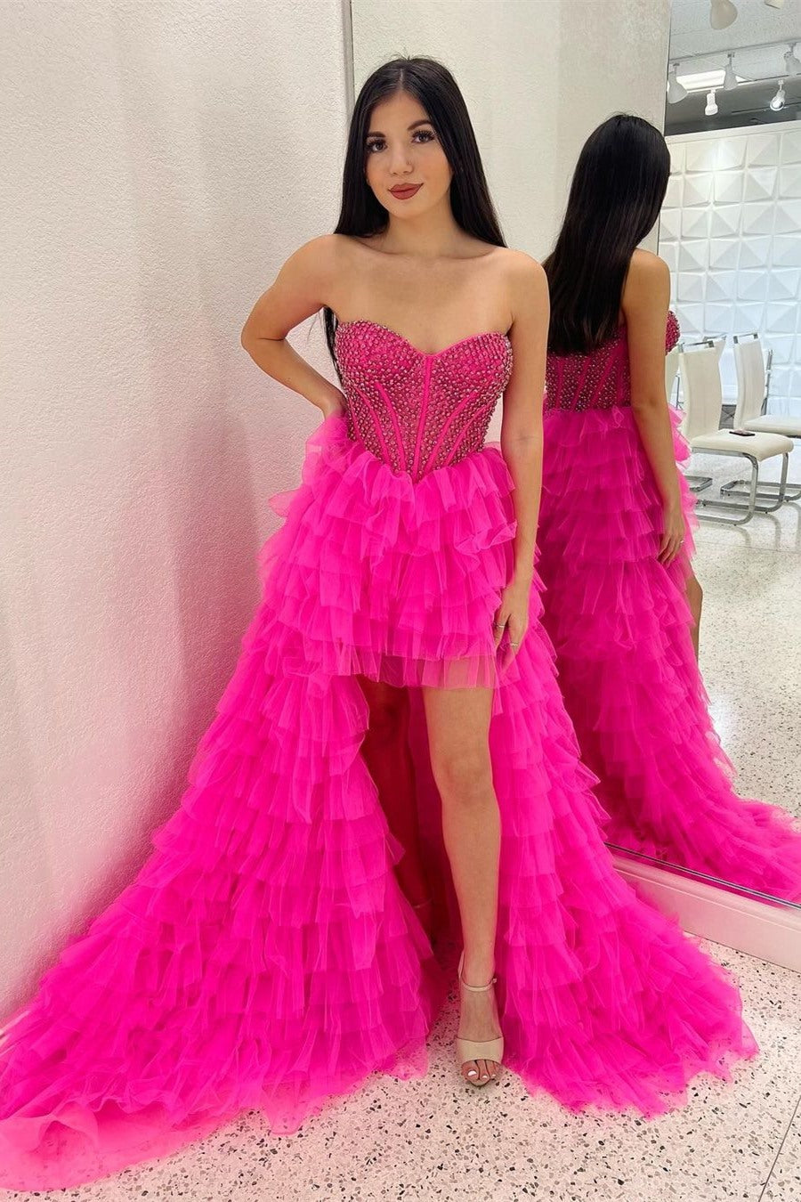 Hot Pink High Low Beaded Long Prom Gown – Dreamdressy