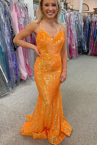Sparkle Orange Sequin Mermaid Long Formal Dress