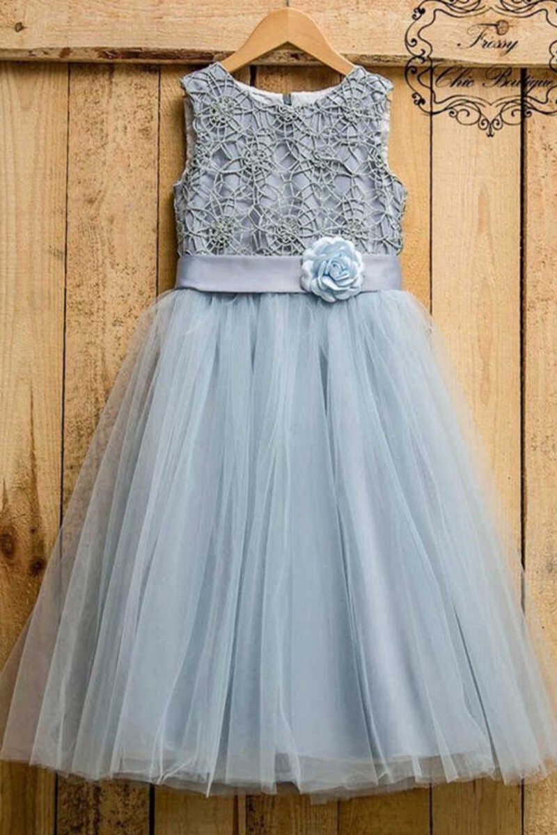 Dusty Blue Tulle Flower A-Line Girl Party Dress  Dreamdressy