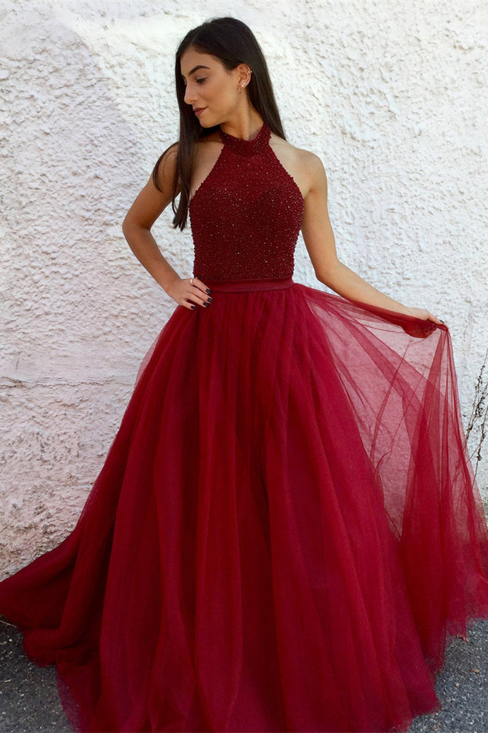 Halter Dark Red Long Tulle Prom Dress Evening Dress Halter Dark Red Long Tulle Prom Dress Evening Dress