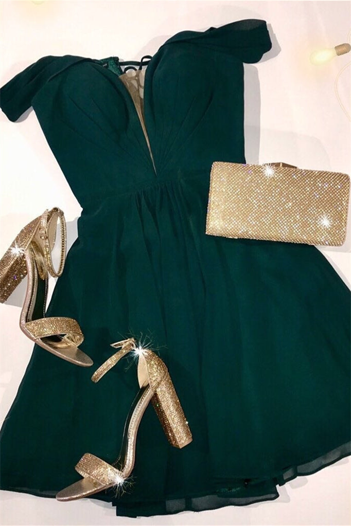Off the Shoulder Short Hunter Green Homecoming Dress