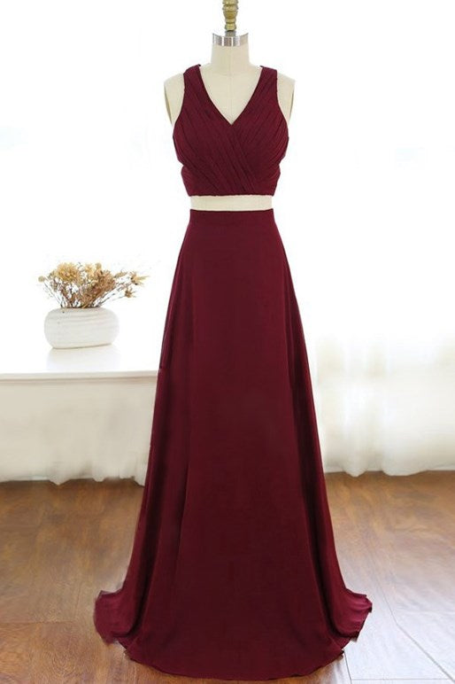 Two Piece V Neck Long Burgundy Chiffon Prom Dress Evening Dress – Dreamdressy