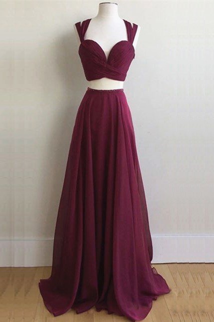 Elegant Two Piece Long Burgundy Chiffon Prom Dress Formal Evening Dress Elegant Two Piece Long Burgundy Chiffon Prom Dress Formal Evening Dress