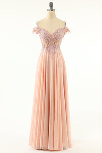 Off the Shoulder Mint Green Chiffon Long Prom Dress