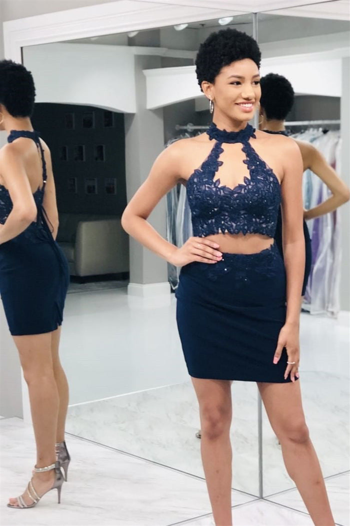 Two Piece Tight Short Burgundy-Blue Homecoming Dress with Key Hole