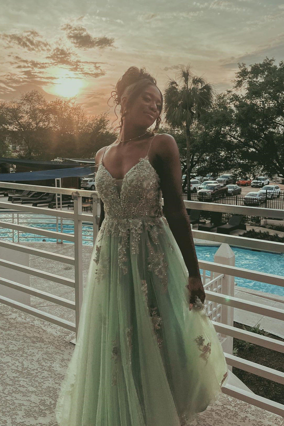 Sage Green Floral Appliques Straps A-Line Prom Dress – Dreamdressy