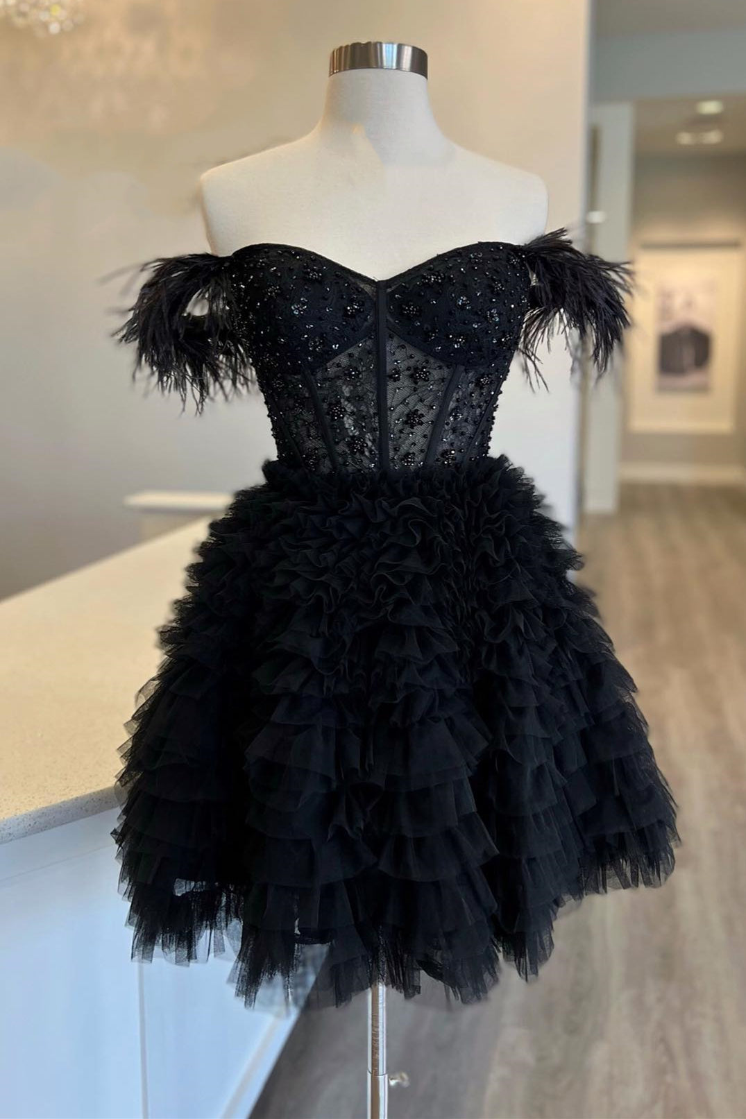 Sweet Feathered Straps A-Line Multi-Tiered Homecoming Dress