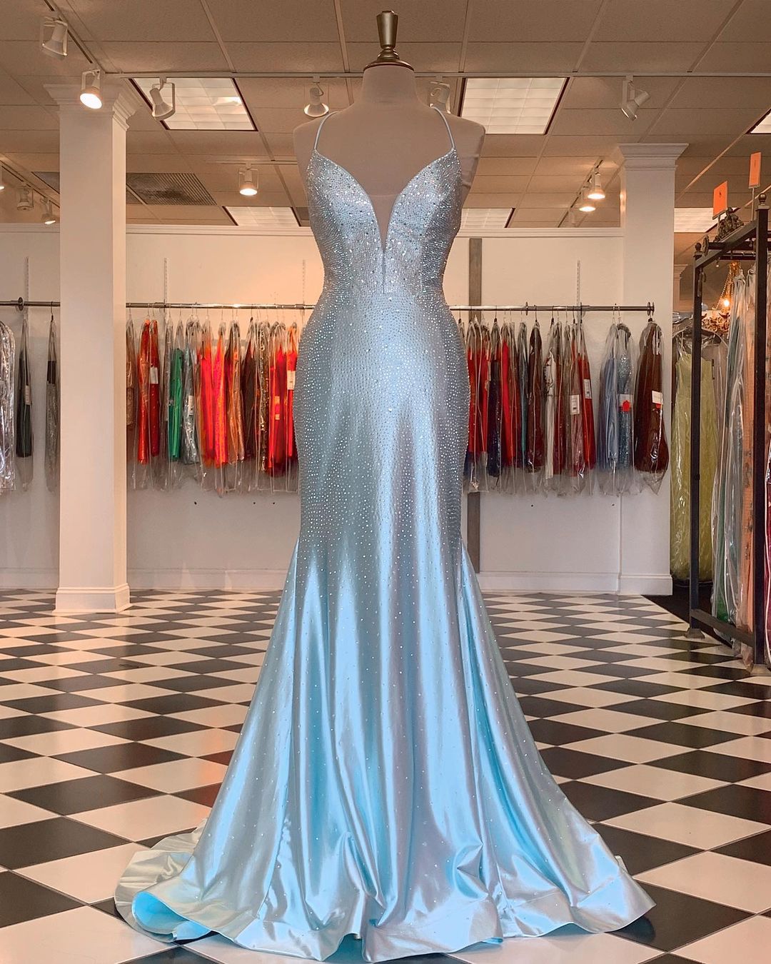 open lace back dress Sexy Light Blue Beaded Plunge Long Prom Dress – Dreamdressy