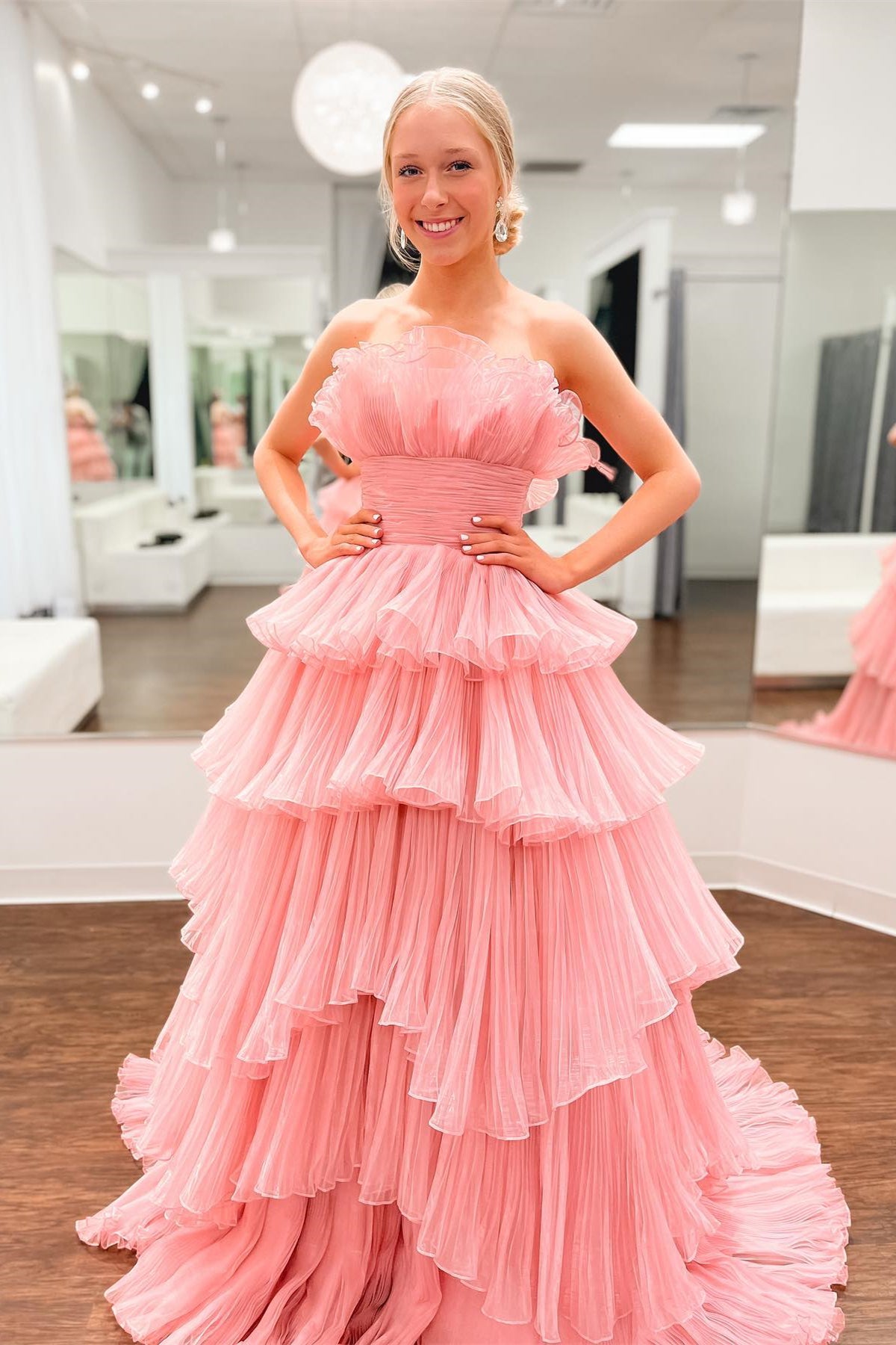 ruffle tulle dress Candy Pink Tulle A-line Strapless Ruffles layers Long Prom Dress – Dreamdressy