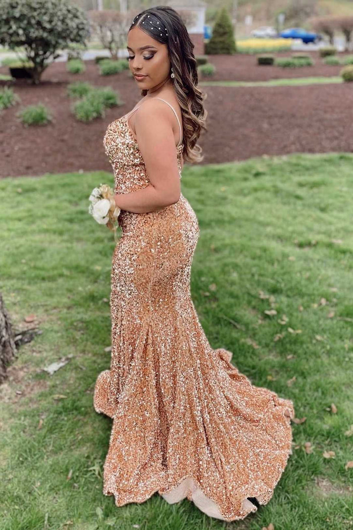 Gold Sequin V-Neck Lace-Up Mermaid Long Prom Gown Dreamdressy Gold Sequin V-Neck Lace-Up Mermaid Long Prom Gown Dreamdressy