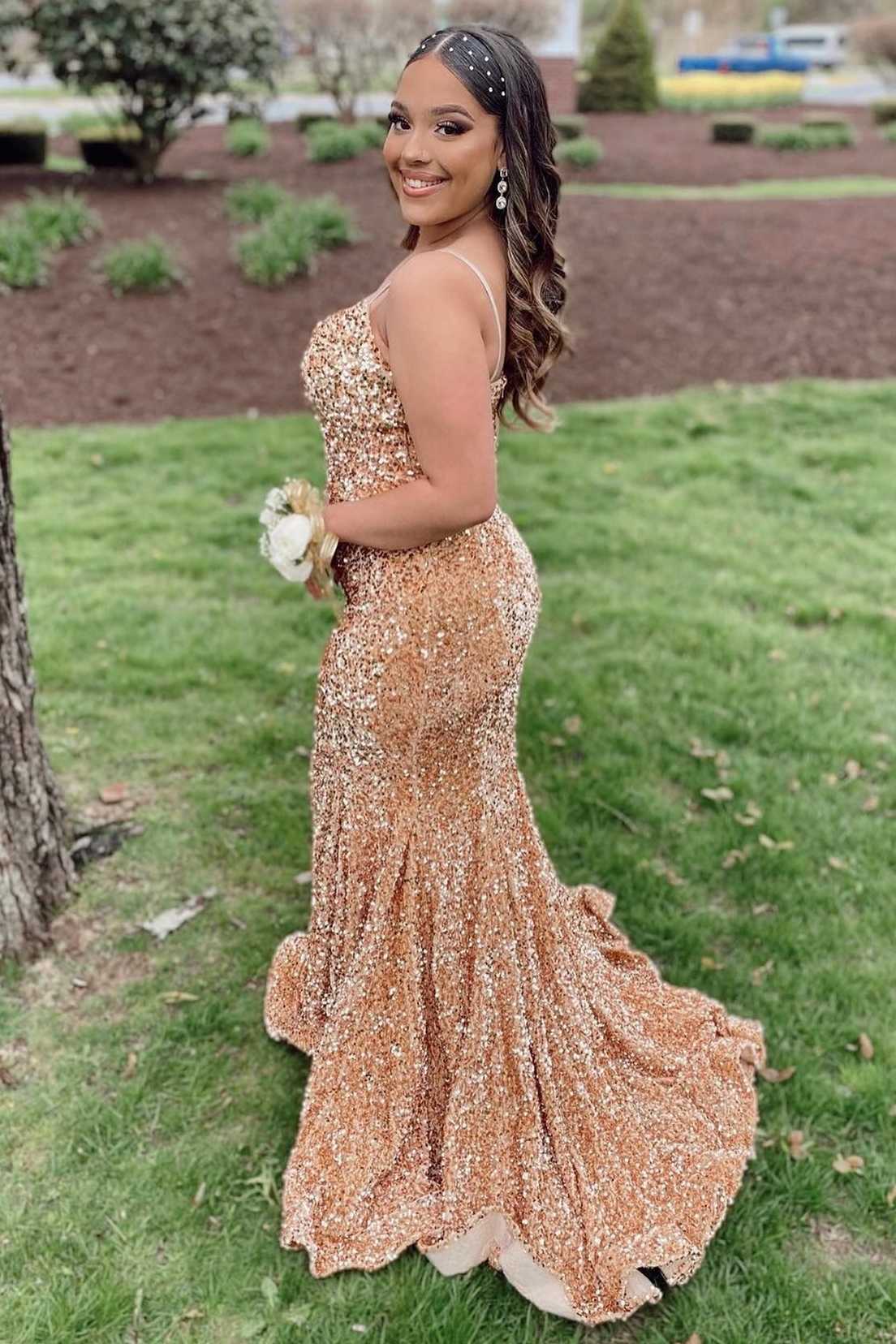Gold Sequin V-Neck Lace-Up Mermaid Long Prom Gown – Dreamdressy Gold Sequin V-Neck Lace-Up Mermaid Long Prom Gown – Dreamdressy