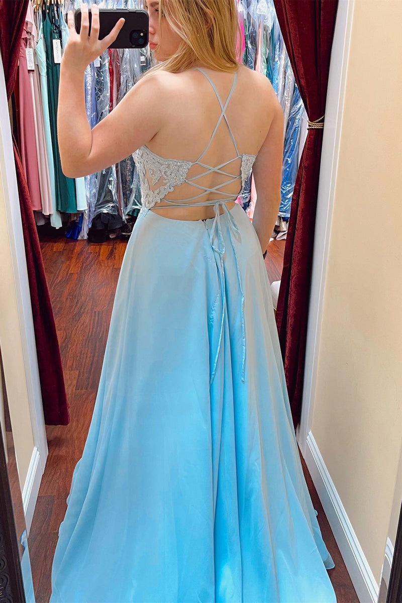 blue lace plunge dress Bowie Lace Plunge Backless Maxi Dress In Blue  Innovare Denim