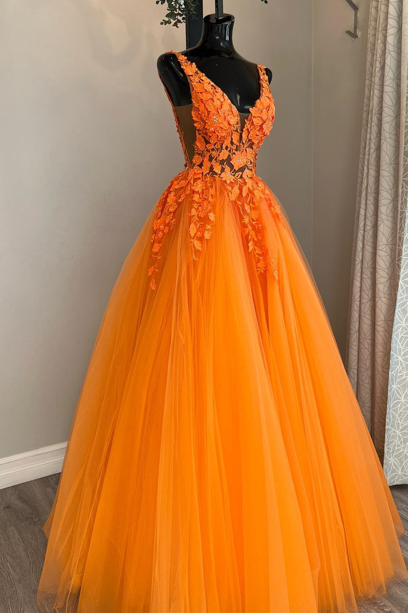Princess Orange A-line Floral Appliues Long Formal Dress – Dreamdressy