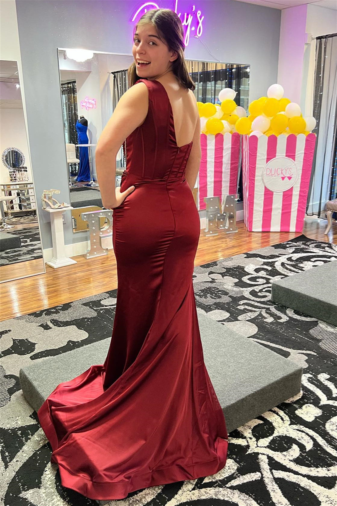 burgundy one shoulder prom dress Burgundy One Shoulder Boning Beaded Satin Long Prom Dress with Slit