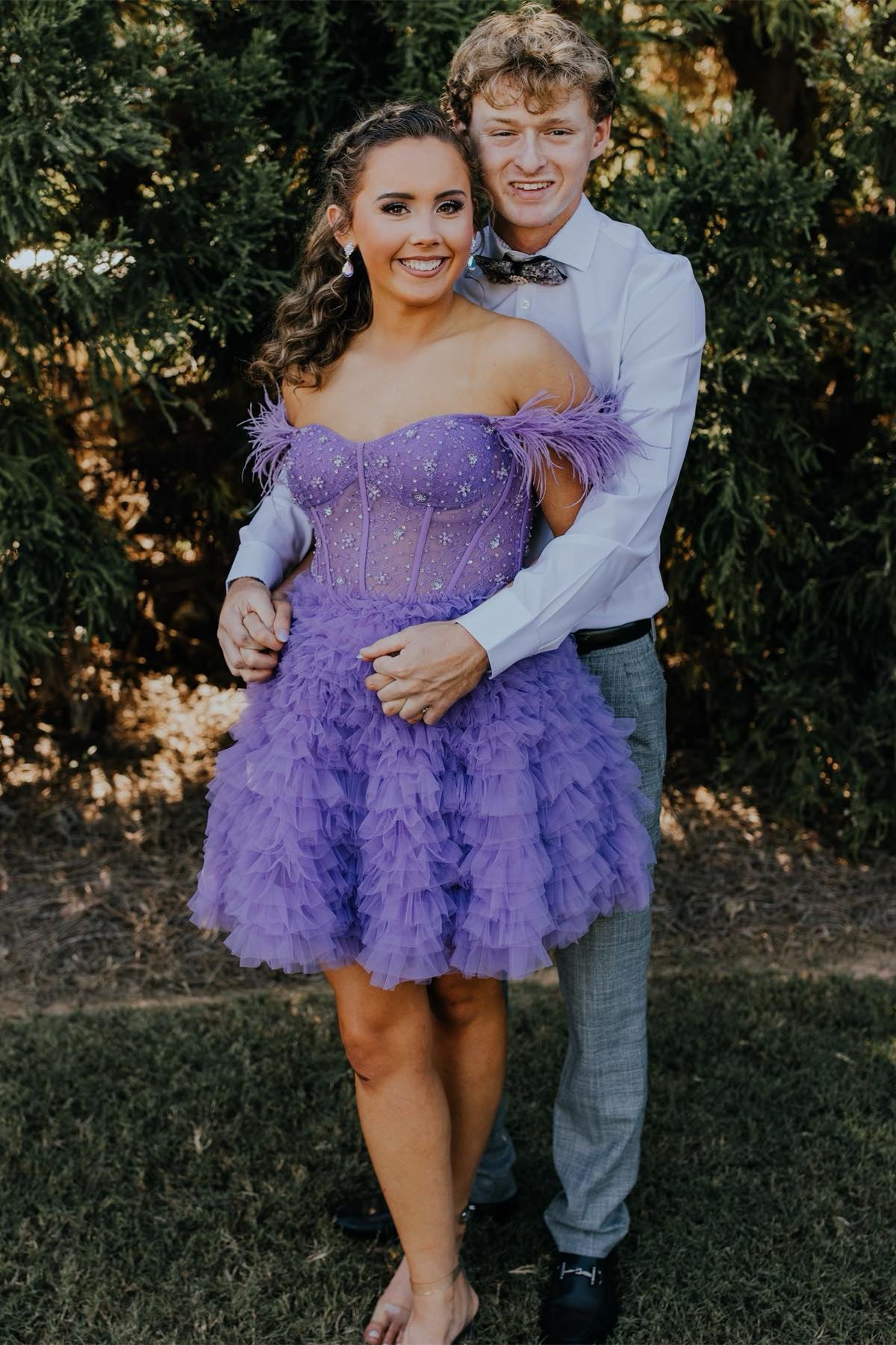 Sweet Feathered Straps A-Line Multi-Tiered Homecoming Dress – Dreamdressy Sweet Feathered Straps A-Line Multi-Tiered Homecoming Dress – Dreamdressy