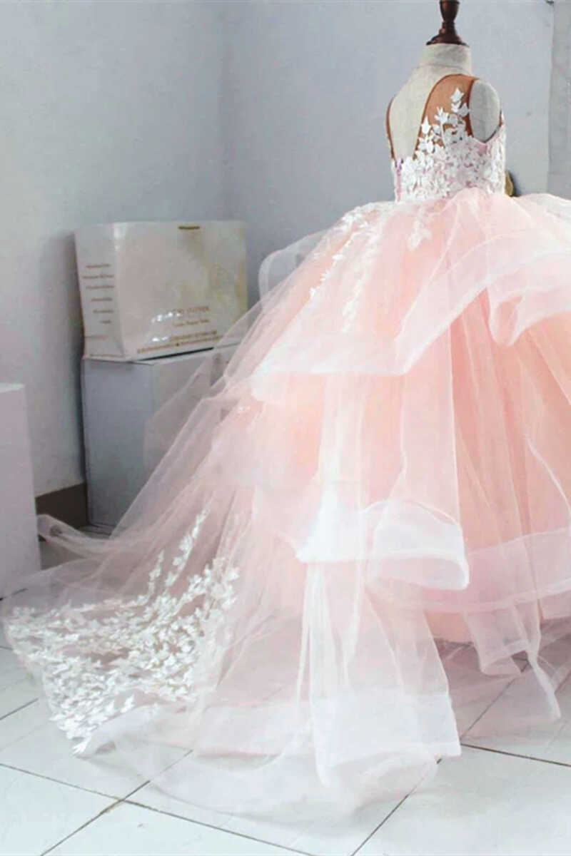 Multi-Tiered Pink Appliques Long Flower Girl Dress