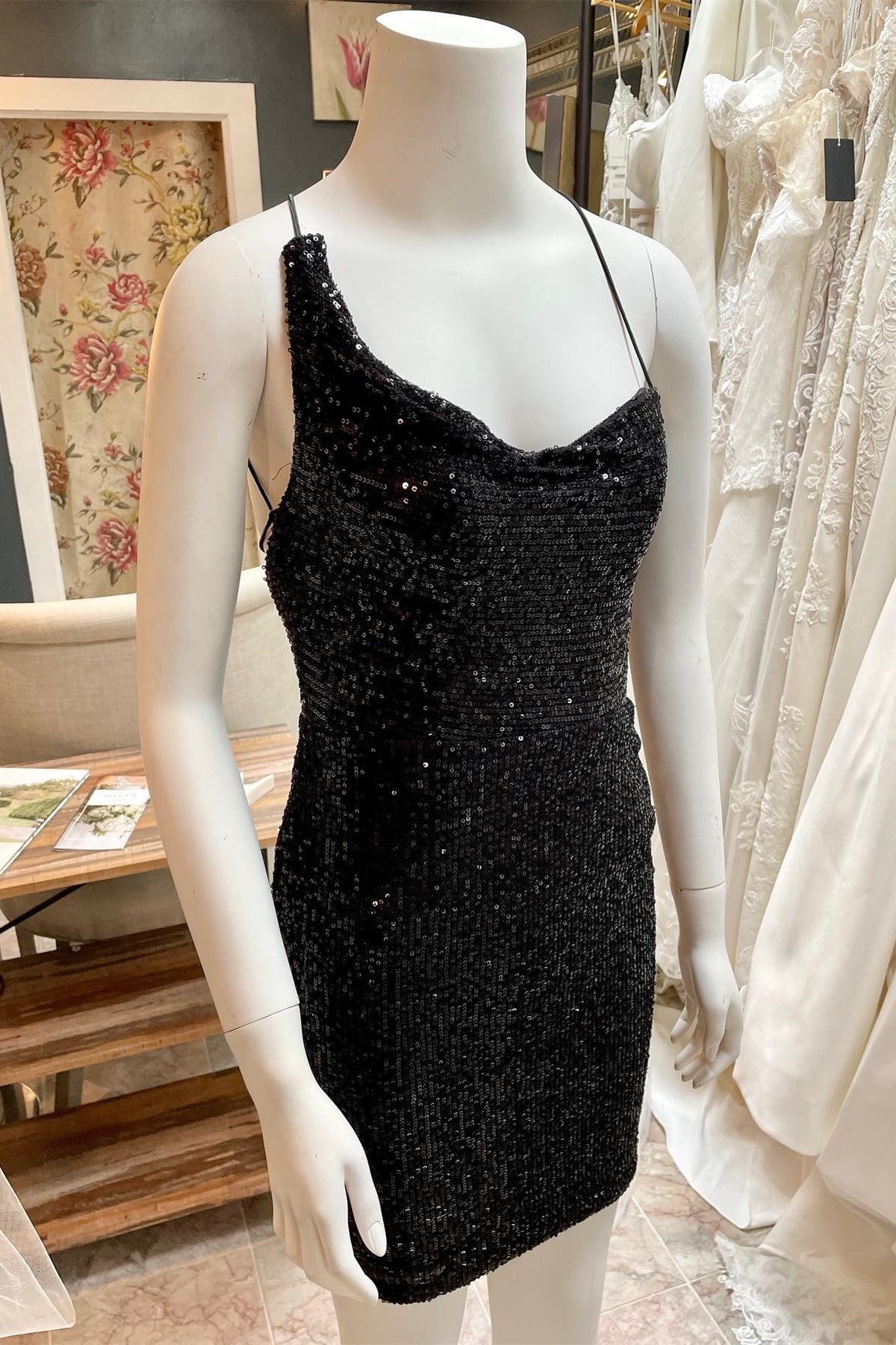 Asymmetrical Black Sequin Lace-Up Short Homecoming Dress