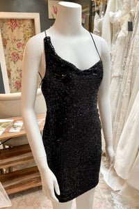 Asymmetrical Black Sequin Lace-Up Short Homecoming Dress