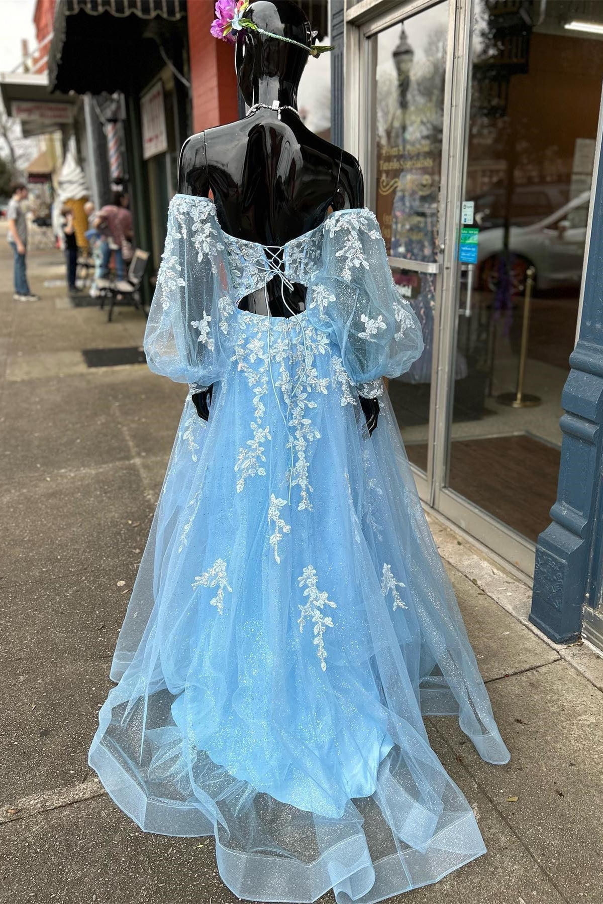 blue butterfly prom dress Blue Floral Lace Sweetheart A-Line Prom Gown with Sleeves – Dreamdressy