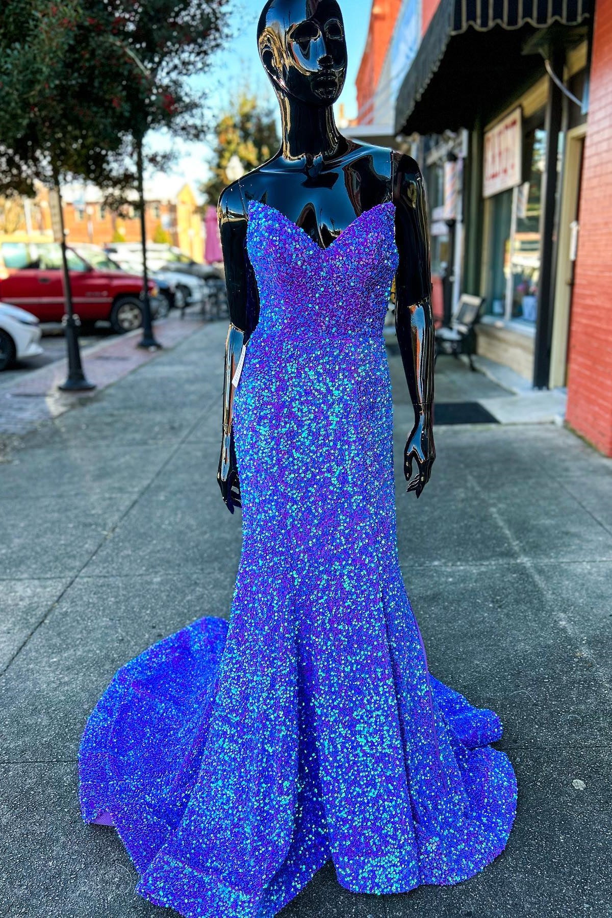 periwinkle mermaid dress Periwinkle Iridescent Sequin Strapless Lace-Up Mermaid Long Prom Dress –  Dreamdressy