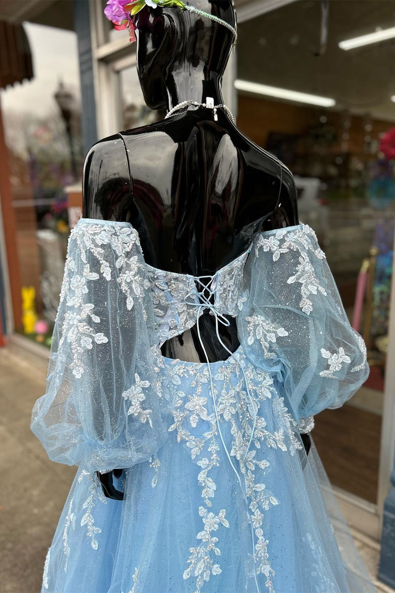 Blue Floral Lace Sweetheart A-Line Prom Gown with Sleeves Dreamdressy Blue Floral Lace Sweetheart A-Line Prom Gown with Sleeves Dreamdressy