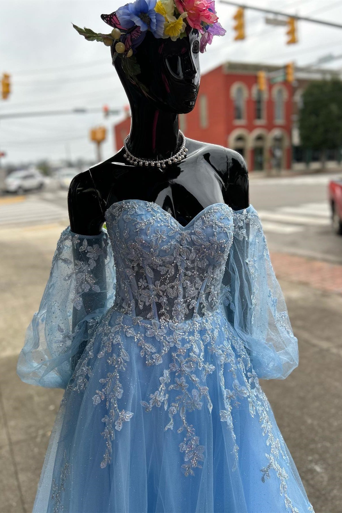 Blue Floral Lace Sweetheart A-Line Prom Gown with Sleeves – Dreamdressy