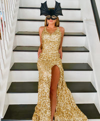 Fuchsia Sequins Mermaid Long Formal Dress with Slit