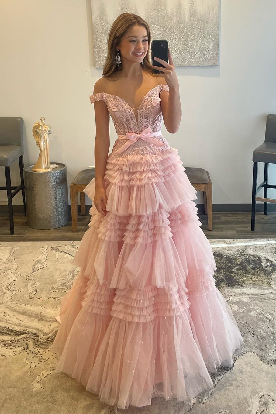 Pink Tulle Lace Off-the-Shoulder Ruffles Tiered Long Prom Dress Pink Tulle Lace Off-the-Shoulder Ruffles Tiered Long Prom Dress