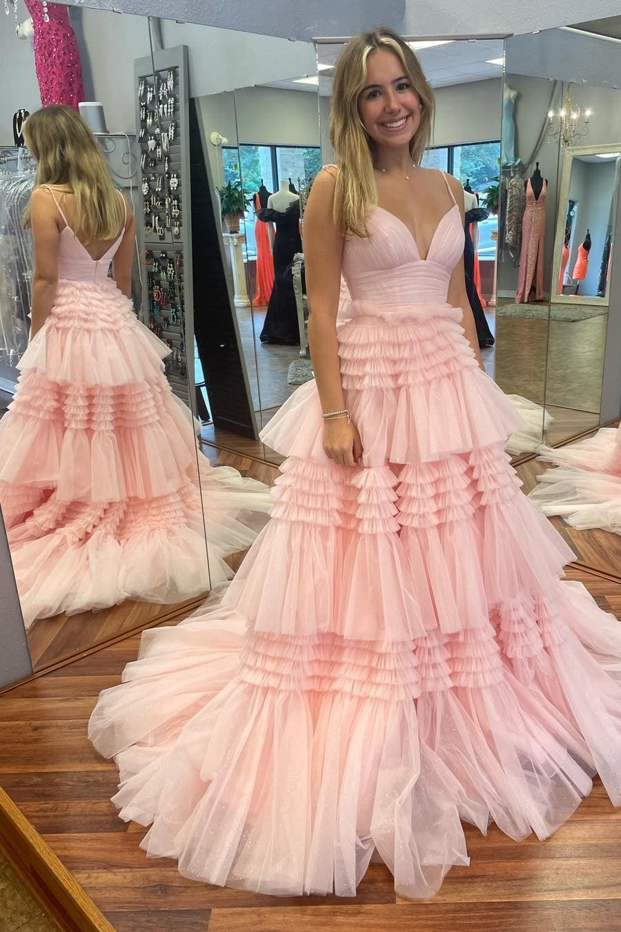 Princess Pink Tiered Layers Tulle Long Formal Gown Dreamdressy Princess Pink Tiered Layers Tulle Long Formal Gown Dreamdressy