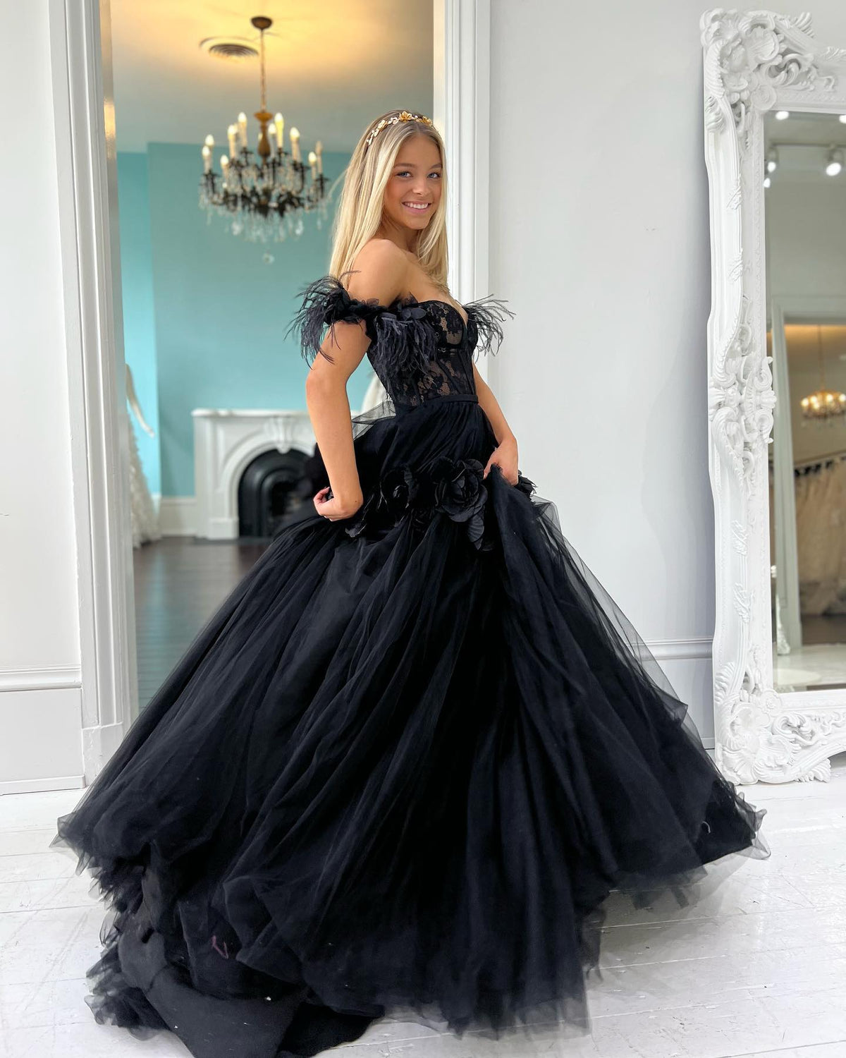 Pink Feather Lace Sweetheart A-Line Prom Dress with 3D Floral Lace