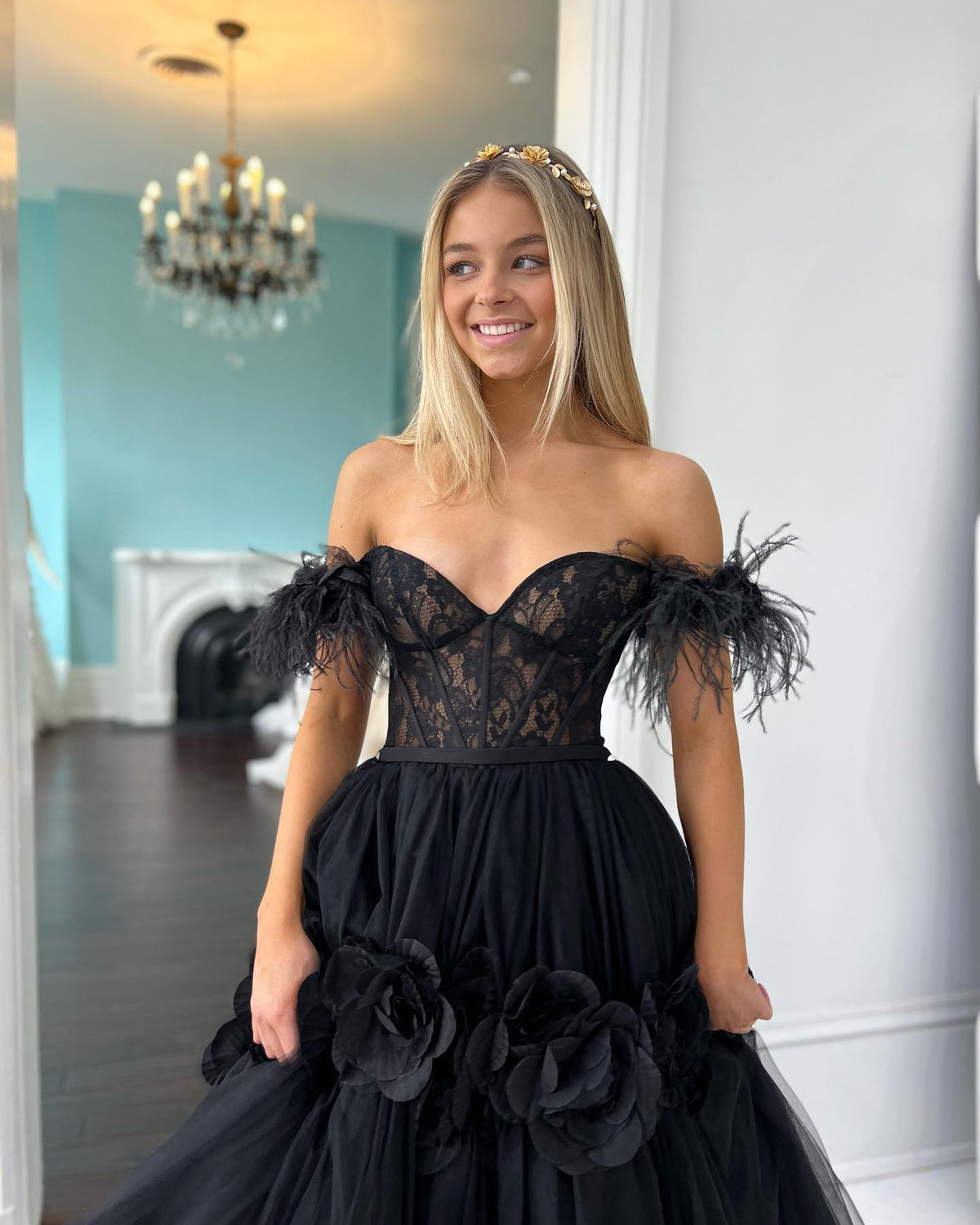 Pink Feather Lace Sweetheart A-Line Prom Dress with 3D Floral Lace