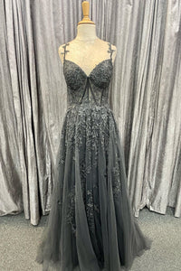 Aqua Tulle Floral Lace Off-the-Shoulder A-Line Prom Dress